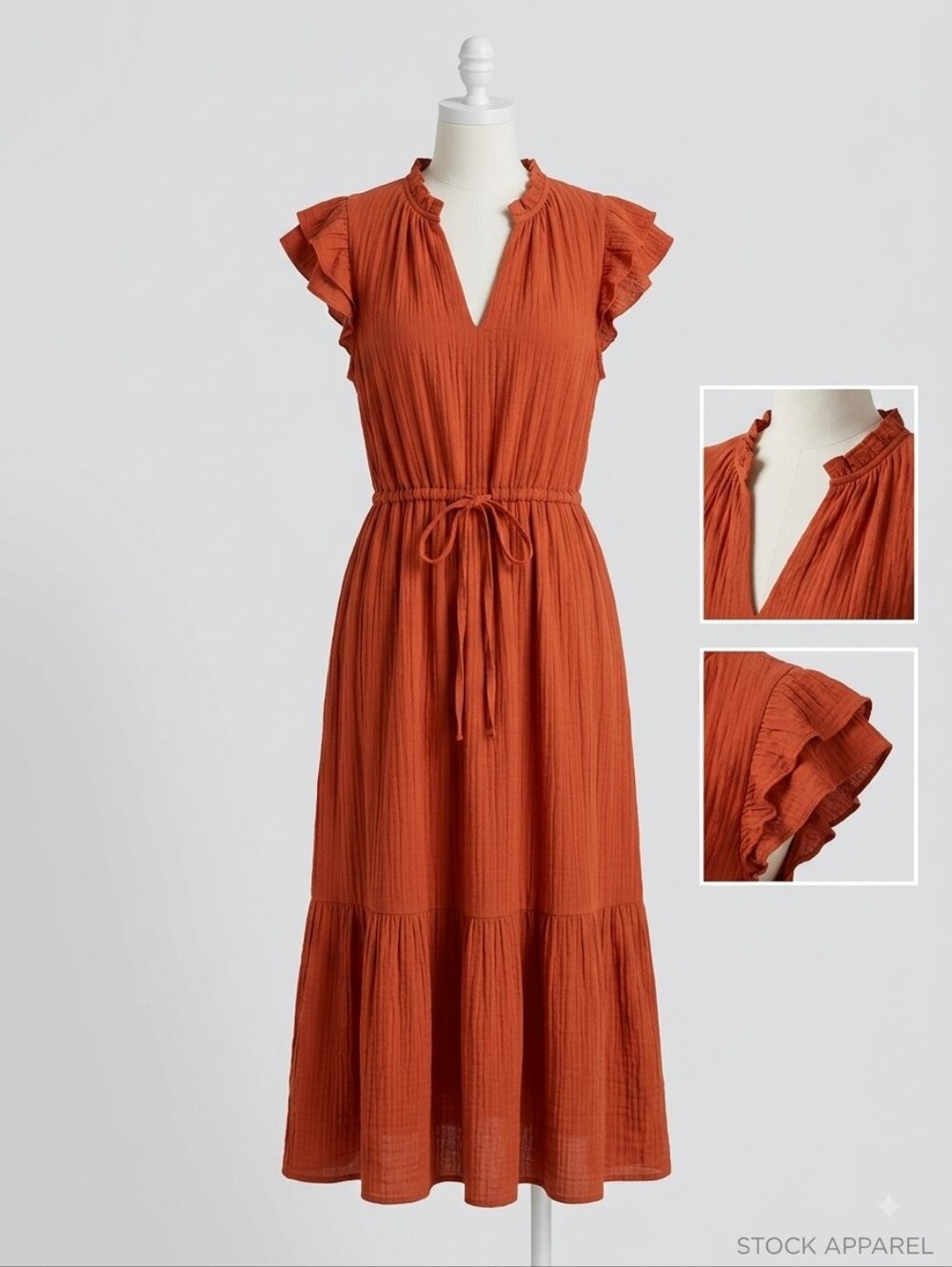 Julia Jordan Rust Tiered Midi Dress with Waist Tie, Size 16